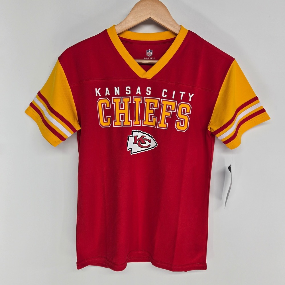 NFL Kansas City Chiefs Jersey Kids Size M 10/12 Red Yellow V-Neck Football Shirt